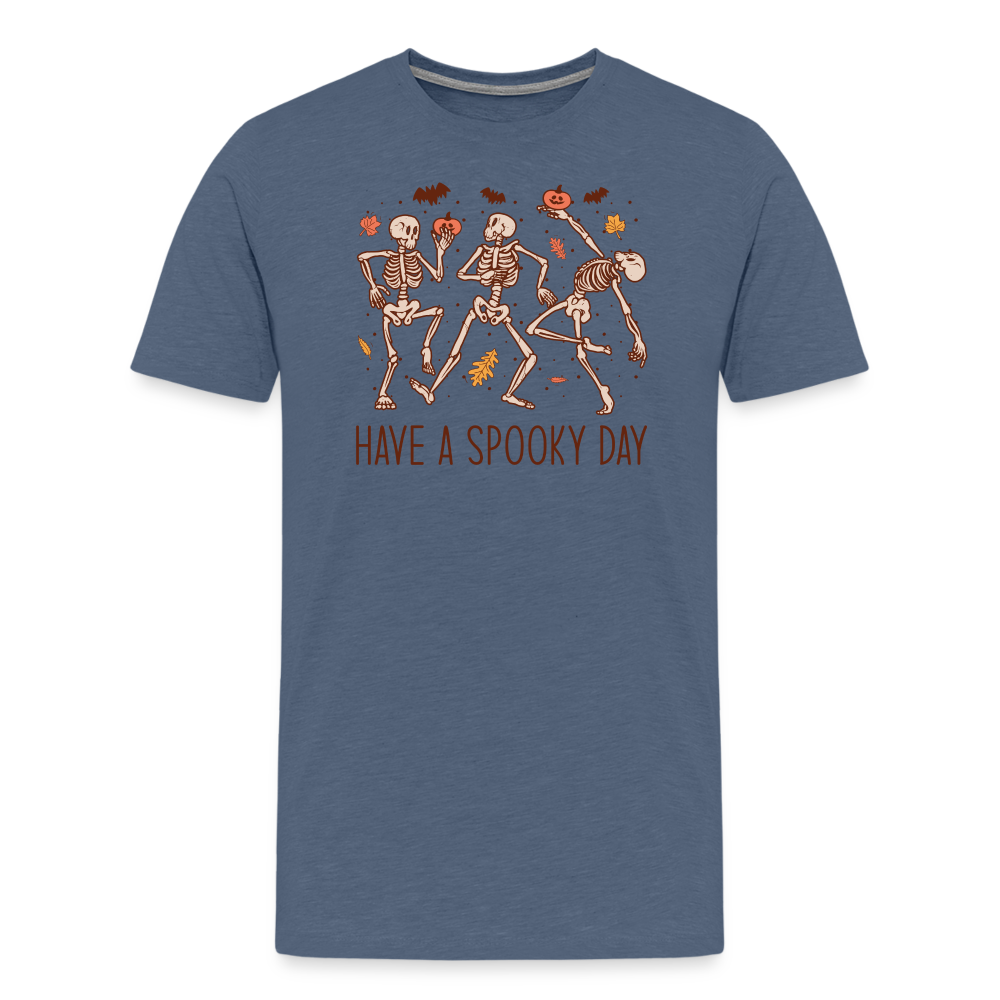 Men's 'Have a Spooky Day' Dancing Skeletons Premium Tee: The Ultimate Blend of Spook and Swagger for Halloween - heather blue