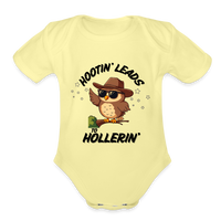 Load image into Gallery viewer, “Hootin’ Leads to Hollerin’ “-Organic Short Sleeve Baby Bodysuit - washed yellow
