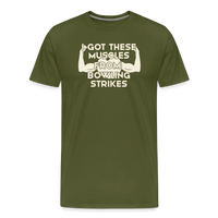 Load image into Gallery viewer, I Got These Muscles From Bowling Strikes T-Shirt - Olive Green

