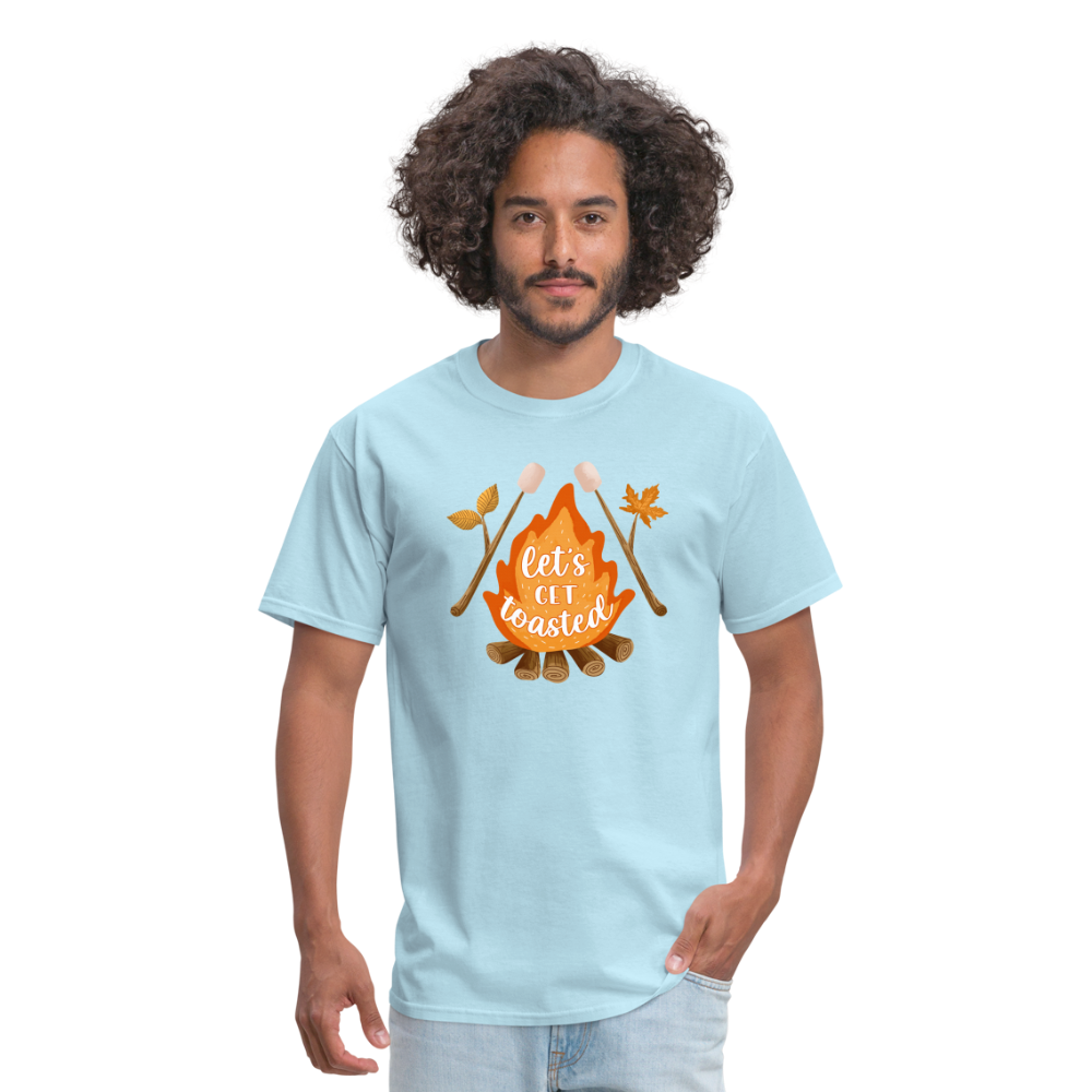 "S'moreLaughs: 'Let's Get Toasted' Tee Featuring Campfire and Marshmallow Fun" - powder blue