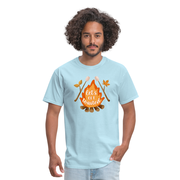 "S'moreLaughs: 'Let's Get Toasted' Tee Featuring Campfire and Marshmallow Fun" - powder blue