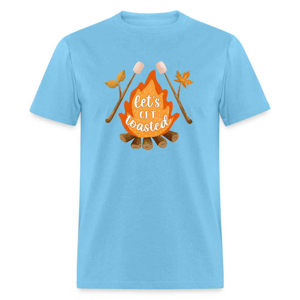 "S'moreLaughs: 'Let's Get Toasted' Tee Featuring Campfire and Marshmallow Fun" - aquatic blue