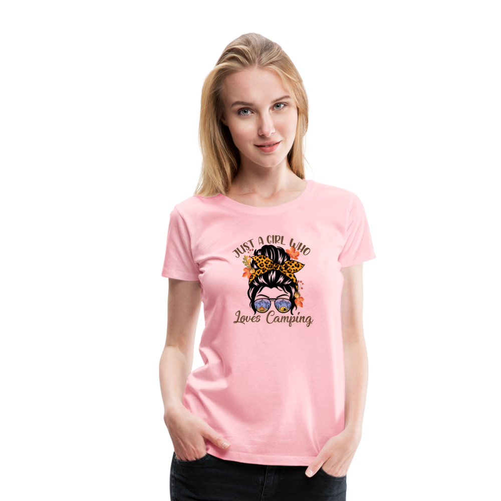 OutdoorWhirl: 'Just a Girl Who Loves Camping' Women's T-Shirt for Nature Enthusiasts - pink
