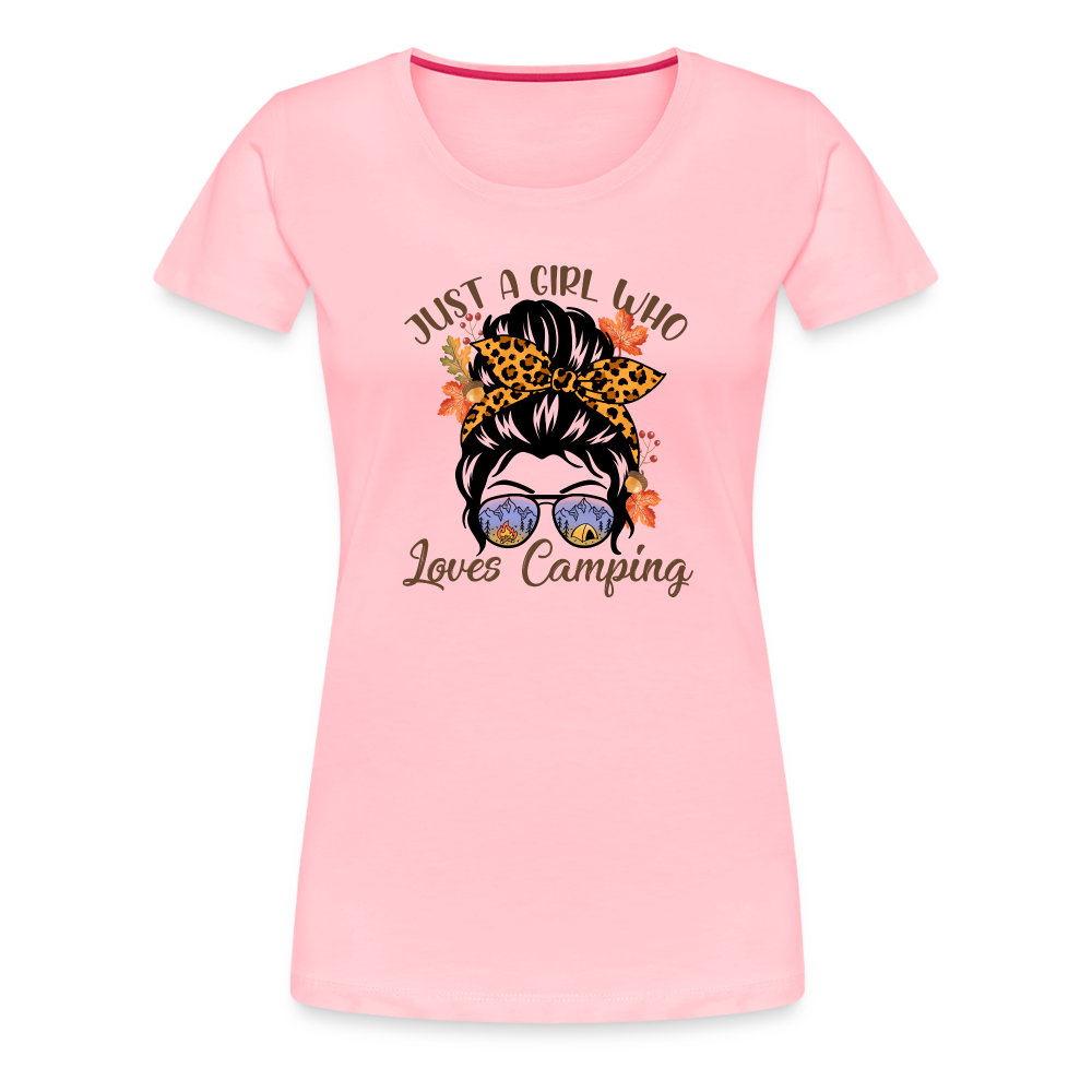 OutdoorWhirl: 'Just a Girl Who Loves Camping' Women's T-Shirt for Nature Enthusiasts - pink