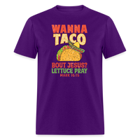 Load image into Gallery viewer, Holy Guacamole: &#39;Wanna Taco Bout Jesus? Lettuce Pray&#39; Punny Tee - purple
