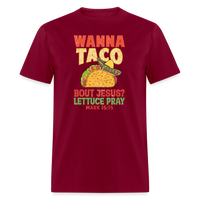 Load image into Gallery viewer, Holy Guacamole: &#39;Wanna Taco Bout Jesus? Lettuce Pray&#39; Punny Tee - burgundy
