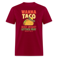 Load image into Gallery viewer, Holy Guacamole: &#39;Wanna Taco Bout Jesus? Lettuce Pray&#39; Punny Tee - dark red
