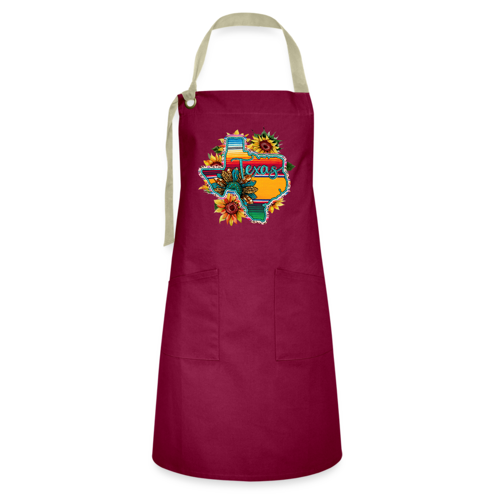 Sunset Splendor: Artisan Cooking Apron with Vibrant Texas Sunset Graphic - burgundy/khaki