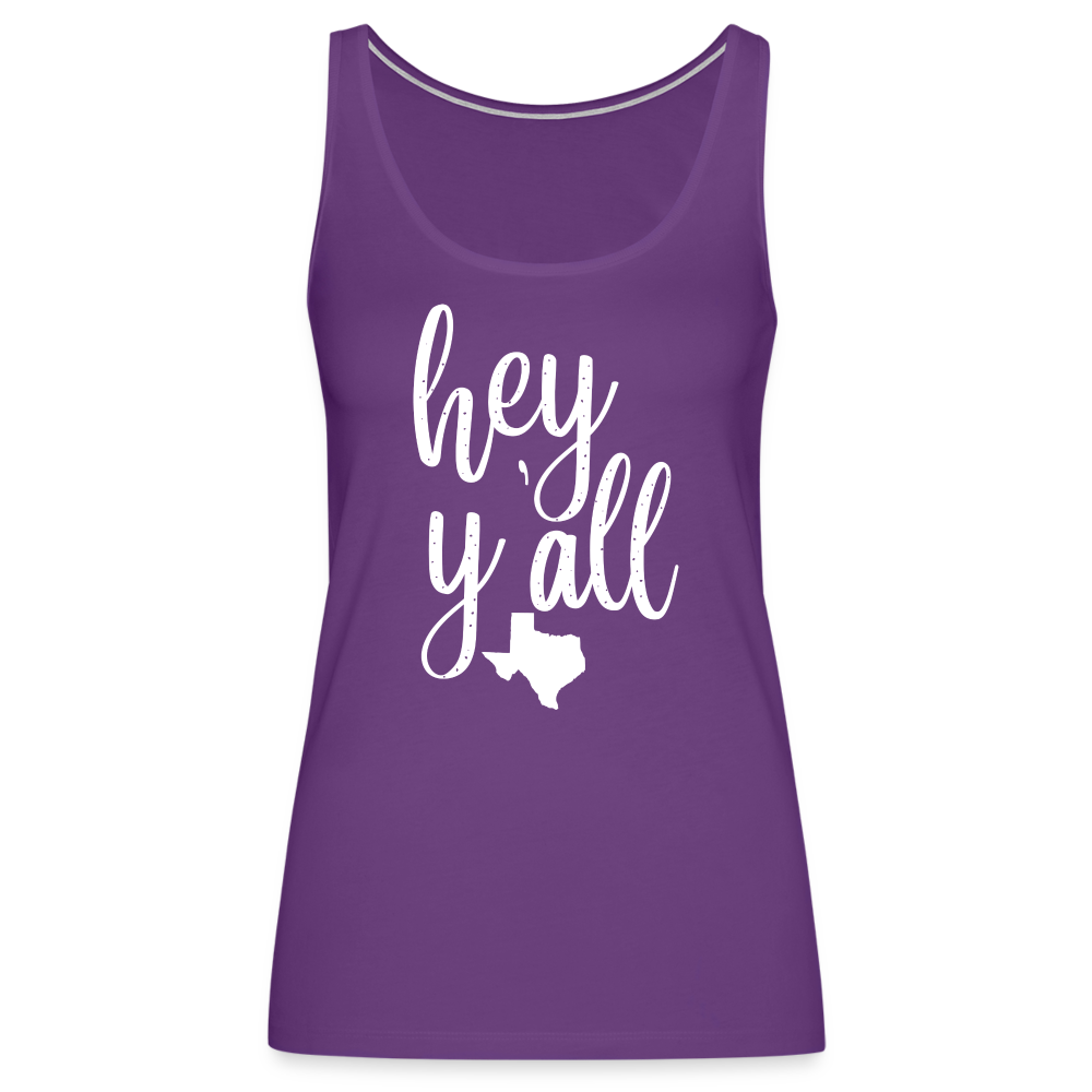 Texan Greetings: Women's Premium Cotton Tank Top with 'Hey Y'all' Slogan and Texas Silhouette - purple