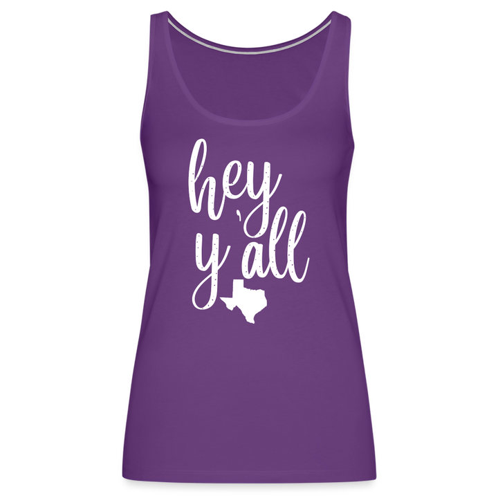 Texan Greetings: Women's Premium Cotton Tank Top with 'Hey Y'all' Slogan and Texas Silhouette - purple