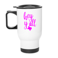 Load image into Gallery viewer, Pretty in Pink Texan Greetings: Insulated Travel Mug with &#39;Hey Y&#39;all&#39; Slogan and Texas Silhouette - white
