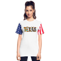 Load image into Gallery viewer, Texan Pride Unleashed: American Flag Sleeve Shirt with Iconic Texas Icons - white
