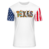 Load image into Gallery viewer, Texan Pride Unleashed: American Flag Sleeve Shirt with Iconic Texas Icons - white
