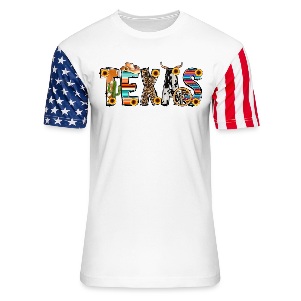 Texan Pride Unleashed: American Flag Sleeve Shirt with Iconic Texas Icons - white