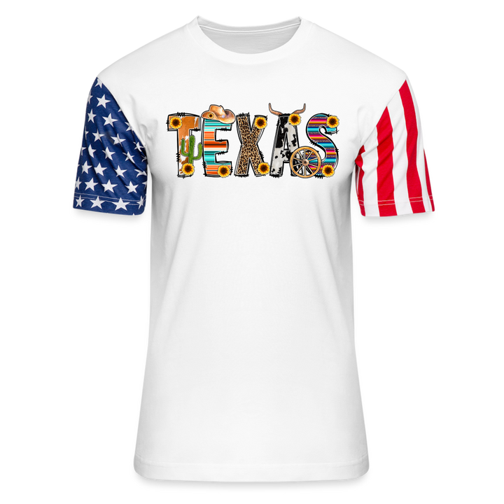 Texan Pride Unleashed: American Flag Sleeve Shirt with Iconic Texas Icons - white