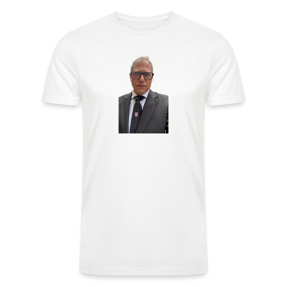 British Humor at its Finest: Tri-Blend Men's Organic Shirt with Funny Face of Jamie - white