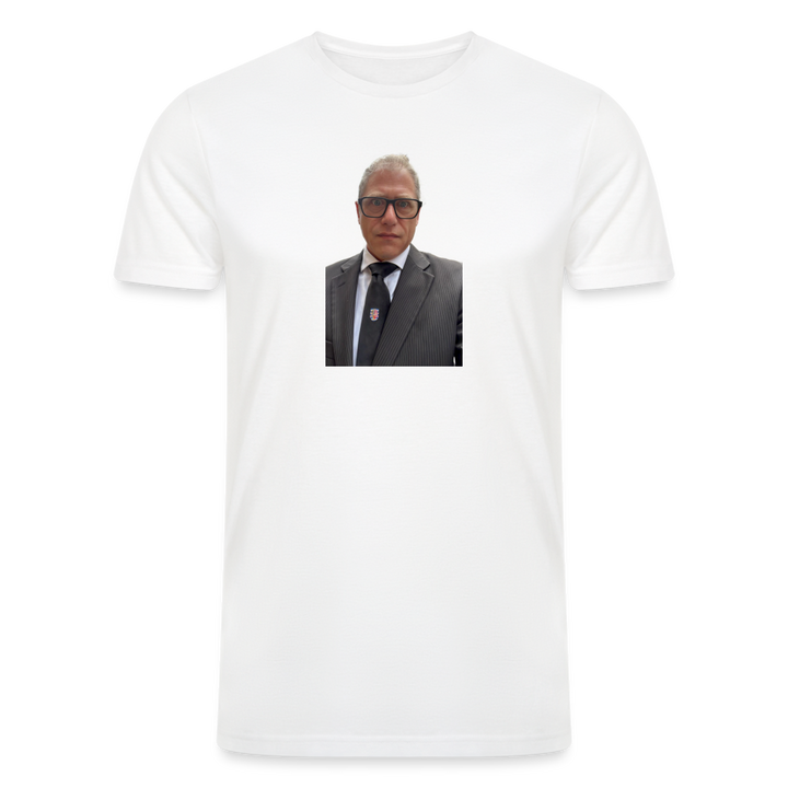 British Humor at its Finest: Tri-Blend Men's Organic Shirt with Funny Face of Jamie - white