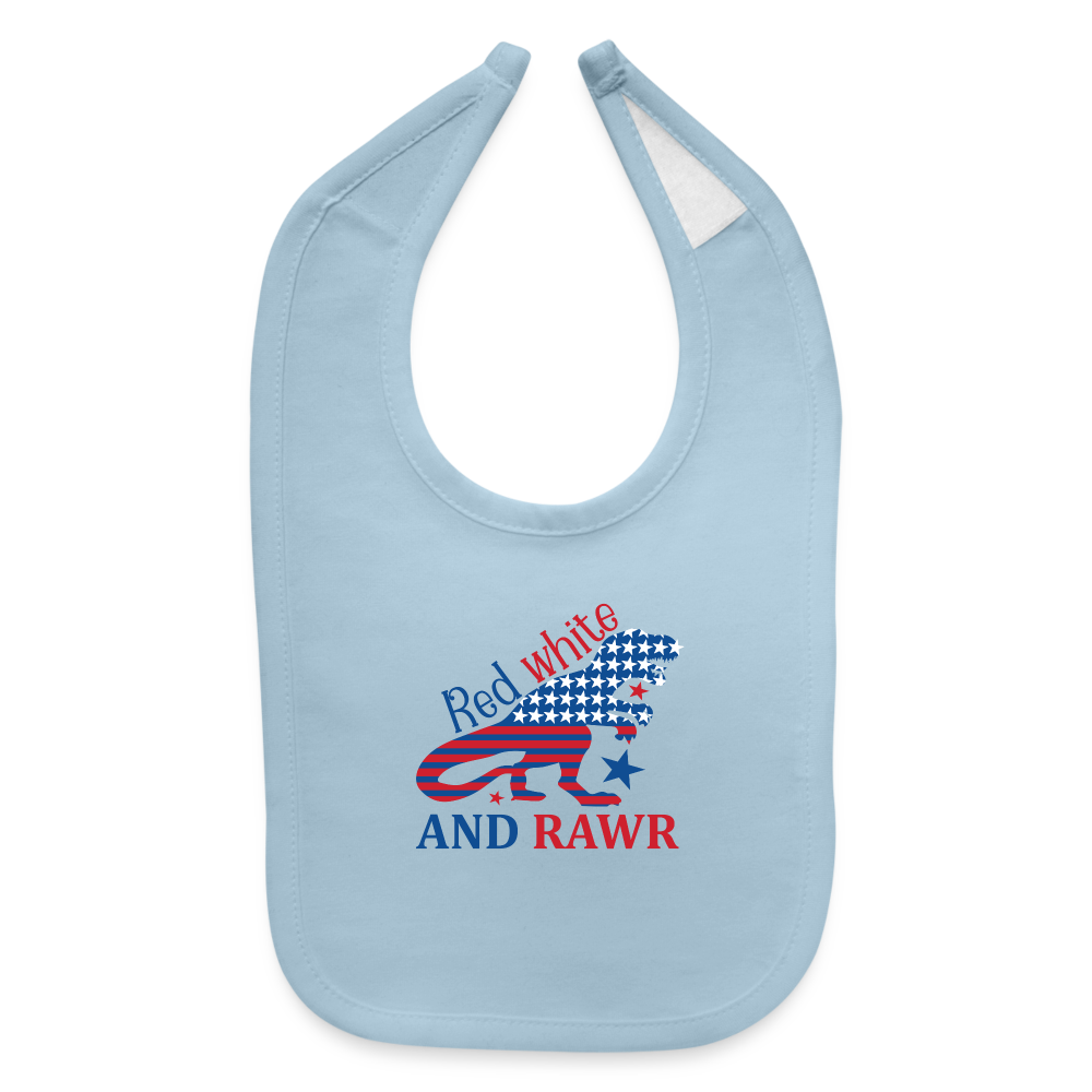 Adorable Rawr: Baby's Bib with American Flag Dinosaur - light blue