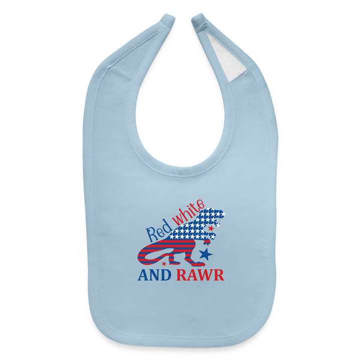 Adorable Rawr: Baby's Bib with American Flag Dinosaur - light blue