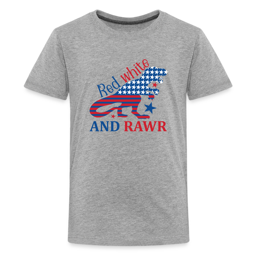 Roaring Patriot: Kids' Premium T-Shirt with American Flag Dinosaur - heather gray