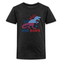 Load image into Gallery viewer, Roaring Patriot: Kids&#39; Premium T-Shirt with American Flag Dinosaur - charcoal grey
