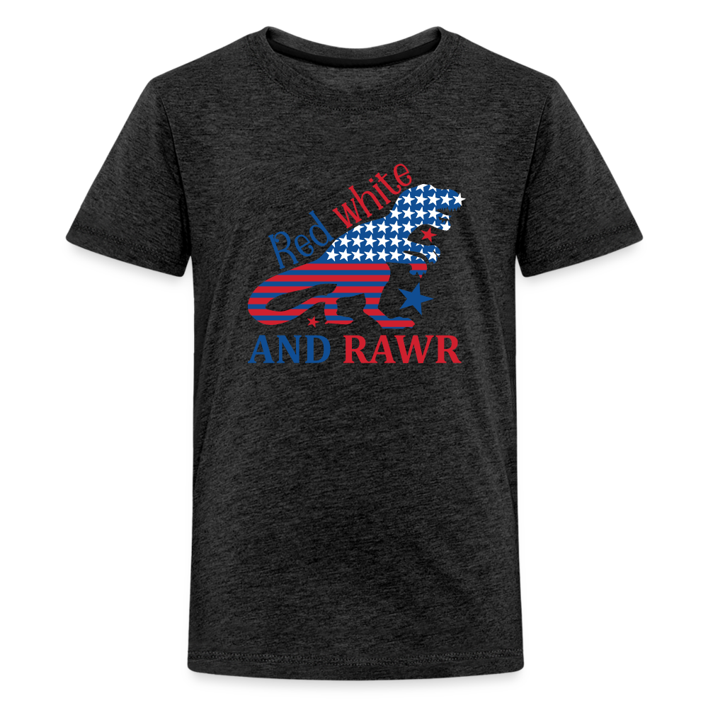 Roaring Patriot: Kids' Premium T-Shirt with American Flag Dinosaur - charcoal grey
