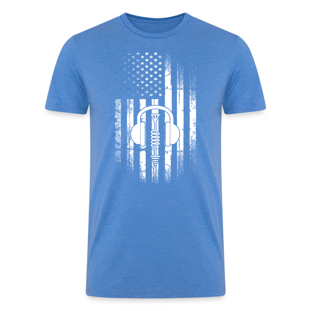 Patriotic Propagation: Distressed Flag and Ham Radio Icon - Men's Eco-Friendly Tri-Blend T-Shirt -  heather blue