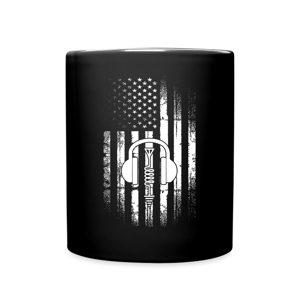 Broadcasting Liberty: Distressed Flag and Ham Radio Icon - Black Ceramic Mug - black