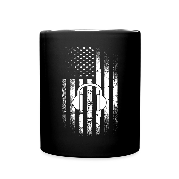 Broadcasting Liberty: Distressed Flag and Ham Radio Icon - Black Ceramic Mug - black