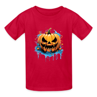 Load image into Gallery viewer, Eternal Jack-o&#39;-Lantern: Hanes Youth Tagless Tee with Spine-Chilling Pumpkin Design - red
