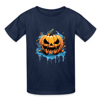 Load image into Gallery viewer, Eternal Jack-o&#39;-Lantern: Hanes Youth Tagless Tee with Spine-Chilling Pumpkin Design - navy
