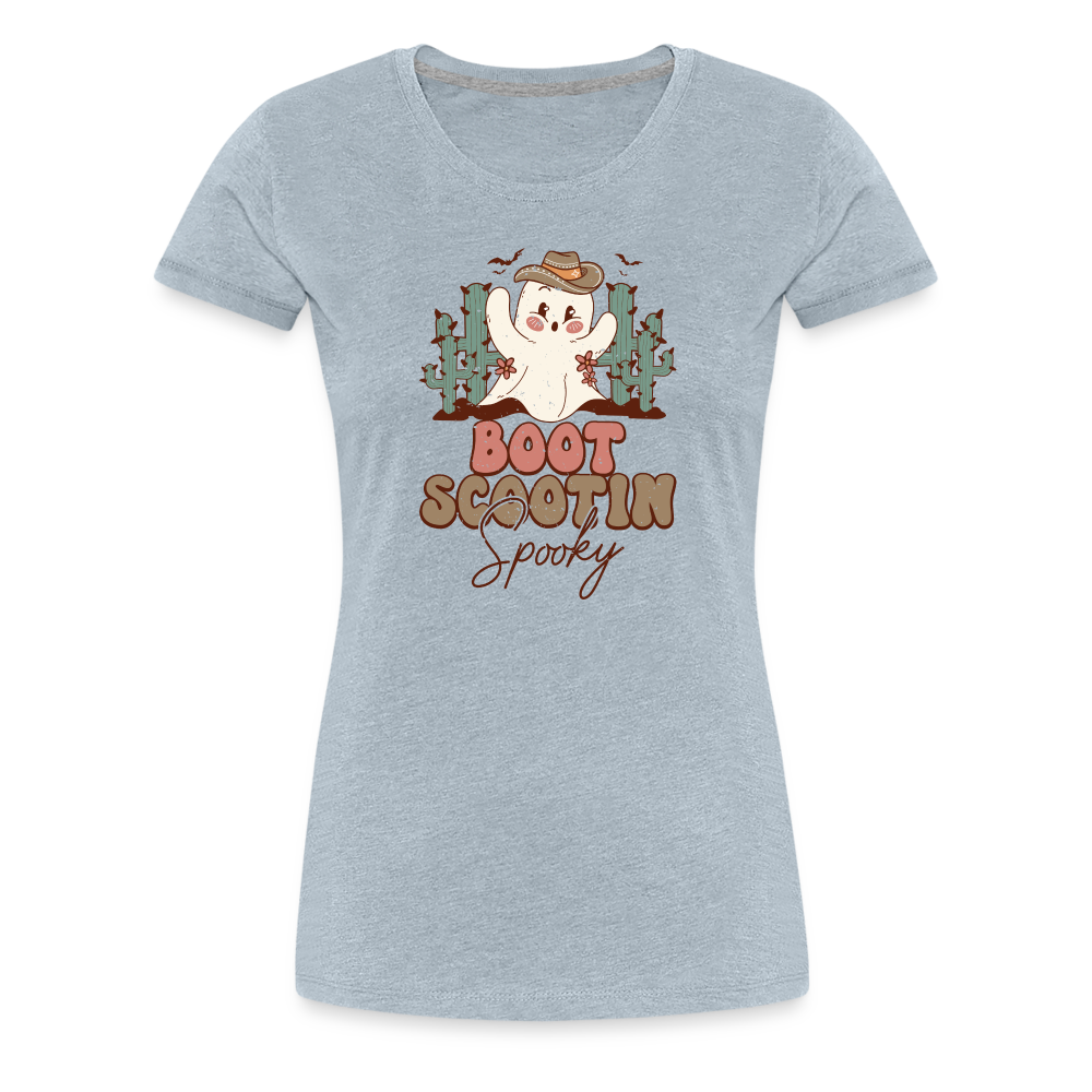 Women's 'Boot Scootin' Spooky' Premium Tee: Where Country Charm Meets Halloween Spirit - heather ice blue