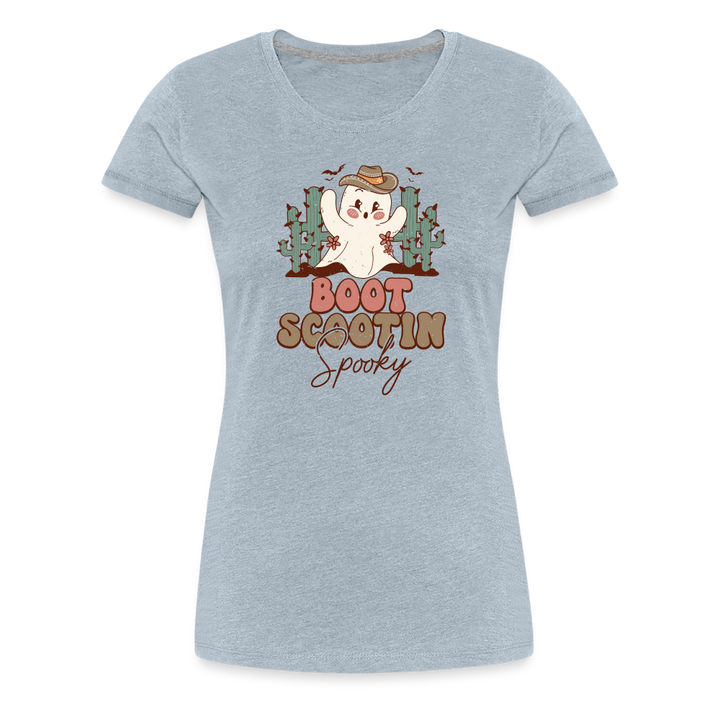 Women's 'Boot Scootin' Spooky' Premium Tee: Where Country Charm Meets Halloween Spirit - heather ice blue