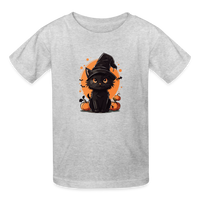 Load image into Gallery viewer, Youth 'Frightful Feline' Hanes Tagless Tee: A Purr-fectly Scary Halloween Choice for Kids - heather gray

