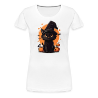 Load image into Gallery viewer, Women&#39;s &#39;Frightful Feline&#39; Premium Tee: Unleash Your Inner Cat-tastrophic Halloween Spirit - white
