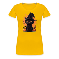 Load image into Gallery viewer, Women&#39;s &#39;Frightful Feline&#39; Premium Tee: Unleash Your Inner Cat-tastrophic Halloween Spirit - sun yellow
