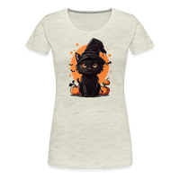 Load image into Gallery viewer, Women&#39;s &#39;Frightful Feline&#39; Premium Tee: Unleash Your Inner Cat-tastrophic Halloween Spirit - heather oatmeal
