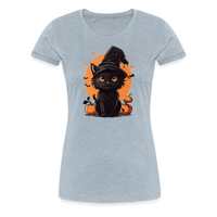 Load image into Gallery viewer, Women&#39;s &#39;Frightful Feline&#39; Premium Tee: Unleash Your Inner Cat-tastrophic Halloween Spirit - heather ice blue
