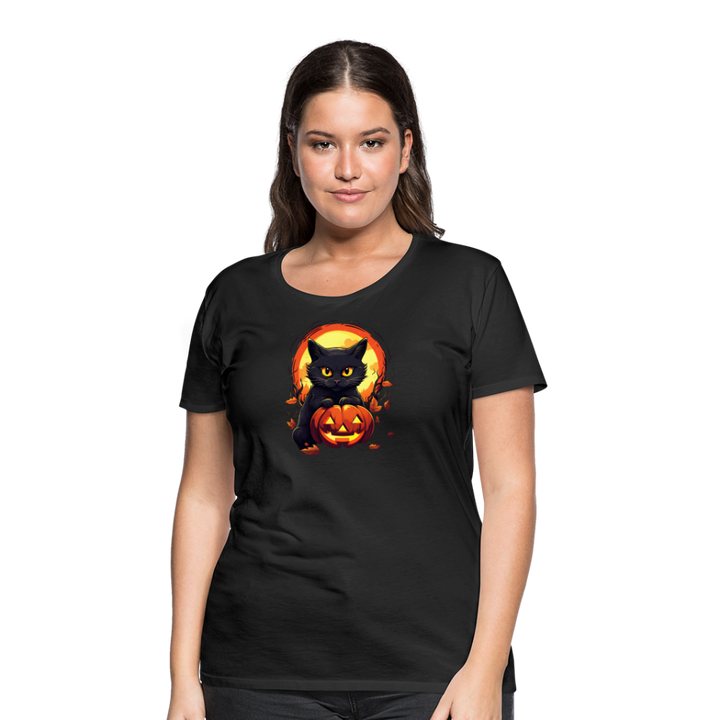 Women's 'Frightful Feline & Jack-O'-Lantern' Premium Tee: Where Halloween Classics Meet Chic Comfort - black
