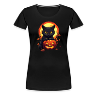Load image into Gallery viewer, Women&#39;s &#39;Frightful Feline &amp; Jack-O&#39;-Lantern&#39; Premium Tee: Where Halloween Classics Meet Chic Comfort - black
