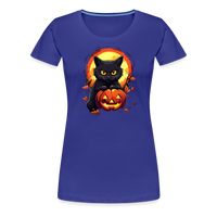 Load image into Gallery viewer, Women&#39;s &#39;Frightful Feline &amp; Jack-O&#39;-Lantern&#39; Premium Tee: Where Halloween Classics Meet Chic Comfort - royal blue
