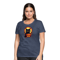 Load image into Gallery viewer, Women&#39;s &#39;Frightful Feline &amp; Jack-O&#39;-Lantern&#39; Premium Tee: Where Halloween Classics Meet Chic Comfort - heather blue
