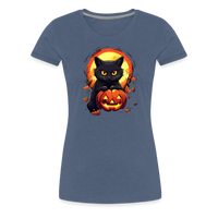 Load image into Gallery viewer, Women&#39;s &#39;Frightful Feline &amp; Jack-O&#39;-Lantern&#39; Premium Tee: Where Halloween Classics Meet Chic Comfort - heather blue
