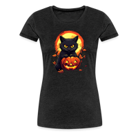 Load image into Gallery viewer, Women&#39;s &#39;Frightful Feline &amp; Jack-O&#39;-Lantern&#39; Premium Tee: Where Halloween Classics Meet Chic Comfort - charcoal grey
