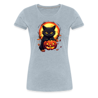 Load image into Gallery viewer, Women&#39;s &#39;Frightful Feline &amp; Jack-O&#39;-Lantern&#39; Premium Tee: Where Halloween Classics Meet Chic Comfort - heather ice blue
