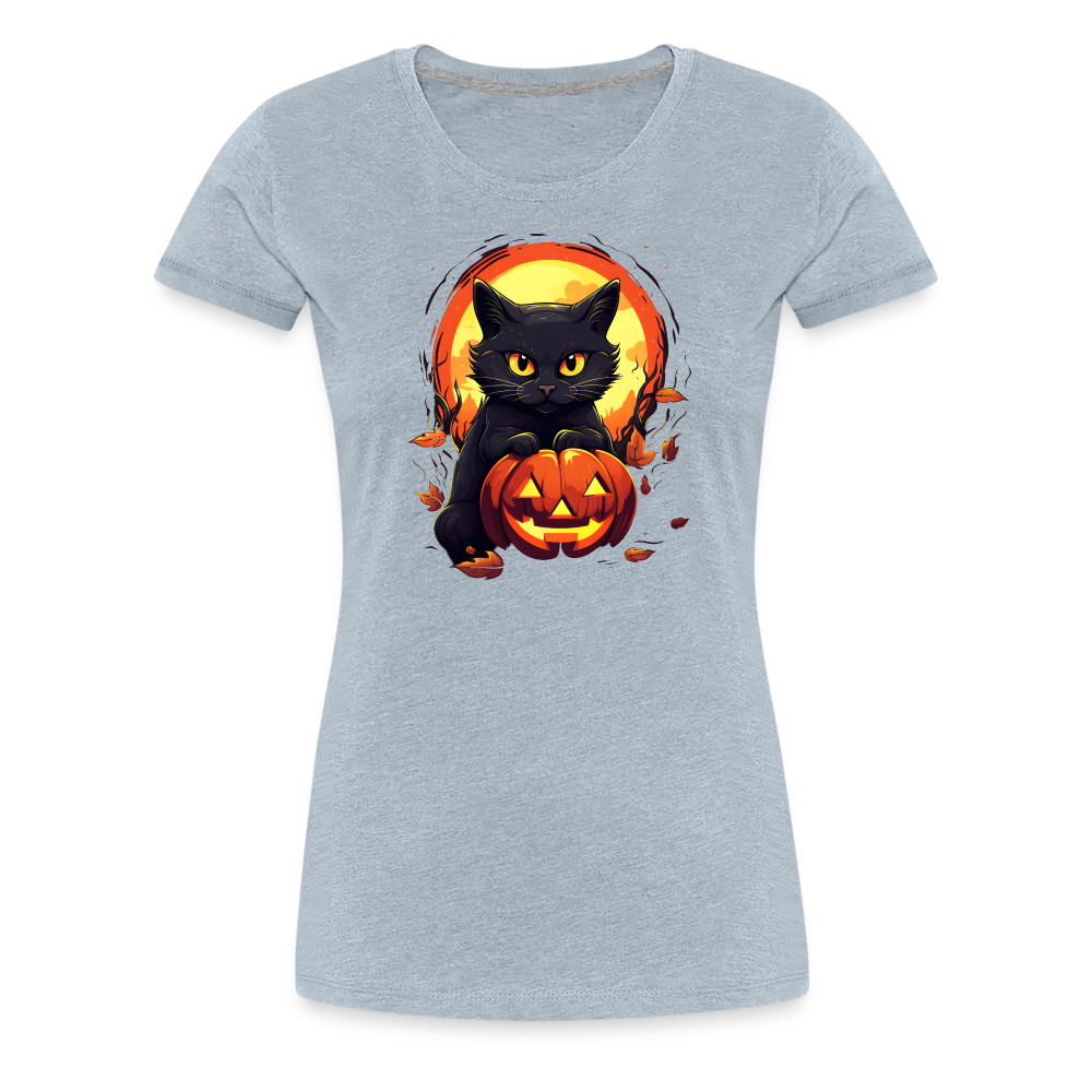 Women's 'Frightful Feline & Jack-O'-Lantern' Premium Tee: Where Halloween Classics Meet Chic Comfort - heather ice blue