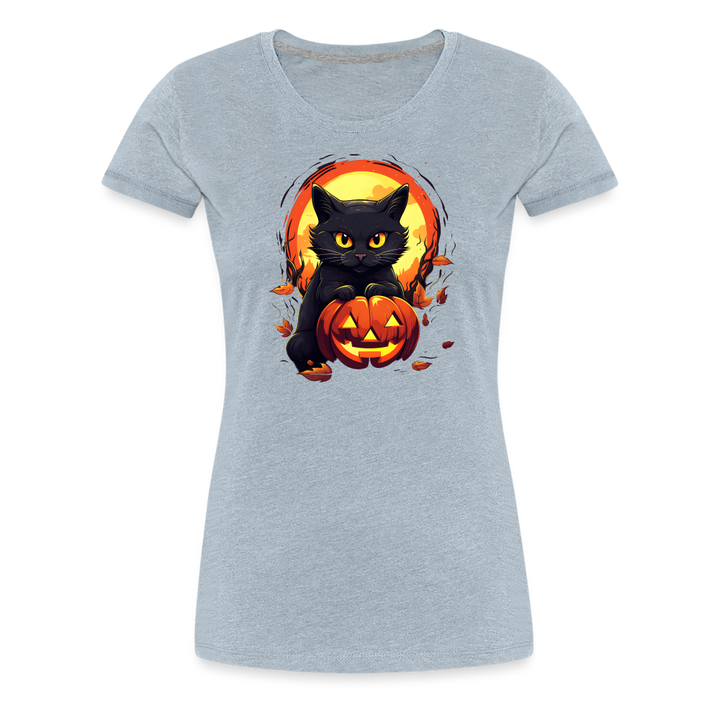 Women's 'Frightful Feline & Jack-O'-Lantern' Premium Tee: Where Halloween Classics Meet Chic Comfort - heather ice blue