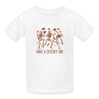 Load image into Gallery viewer, Youth 'Have a Spooky Day' Dancing Skeletons Hanes Tagless Tee: Groovy Bones for Your Little Ghoul - white
