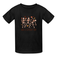 Load image into Gallery viewer, Youth 'Have a Spooky Day' Dancing Skeletons Hanes Tagless Tee: Groovy Bones for Your Little Ghoul - black
