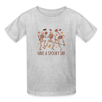 Load image into Gallery viewer, Youth 'Have a Spooky Day' Dancing Skeletons Hanes Tagless Tee: Groovy Bones for Your Little Ghoul - heather gray

